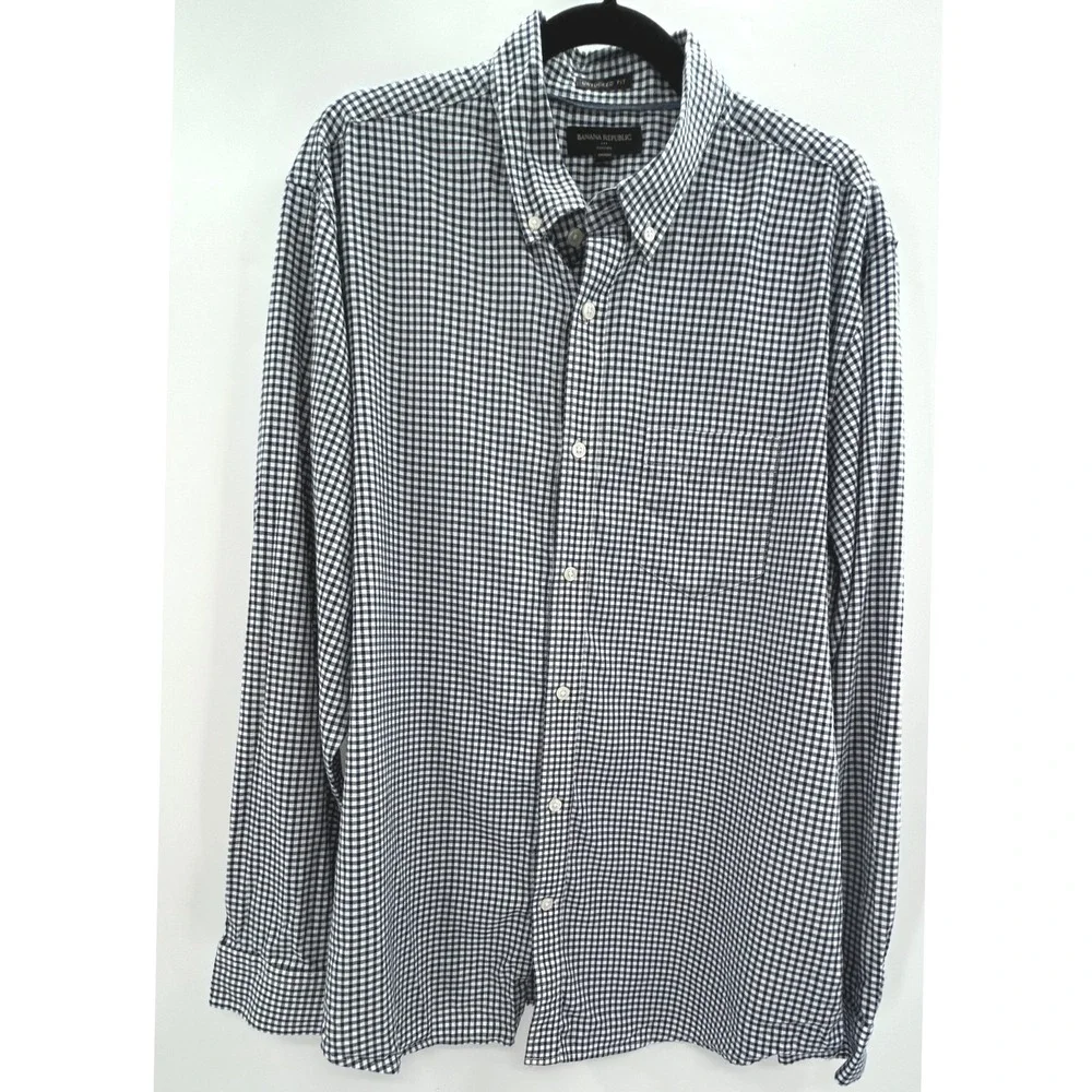 Banana Republic Mens XL Untucked Fit Oxford Shirt Navy Blue Gingham Check Cotton